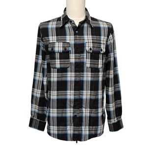 Oakley Shirt Mens Small Black Gray Blue Plaid Flannel Regular Fit Button‎ Down